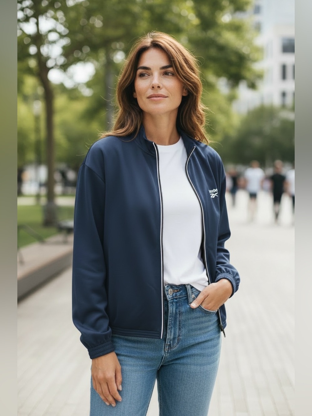 Reebok Women's Navy Full-Zip Bomber Jacket